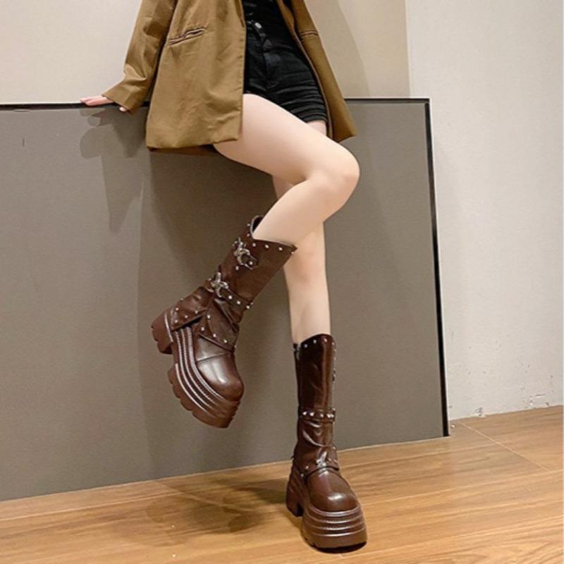 10cm Ultra-high Women's Platform Boots High Quality Leather Short Boots Women's Retro Design Rivet Knight Boots Botas Para Mujer