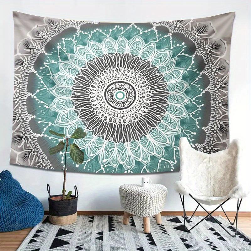Bohemian Mandala Tapestry Teal and White Floral Design Intricate Circular Pattern for Bedroom or Dorm De