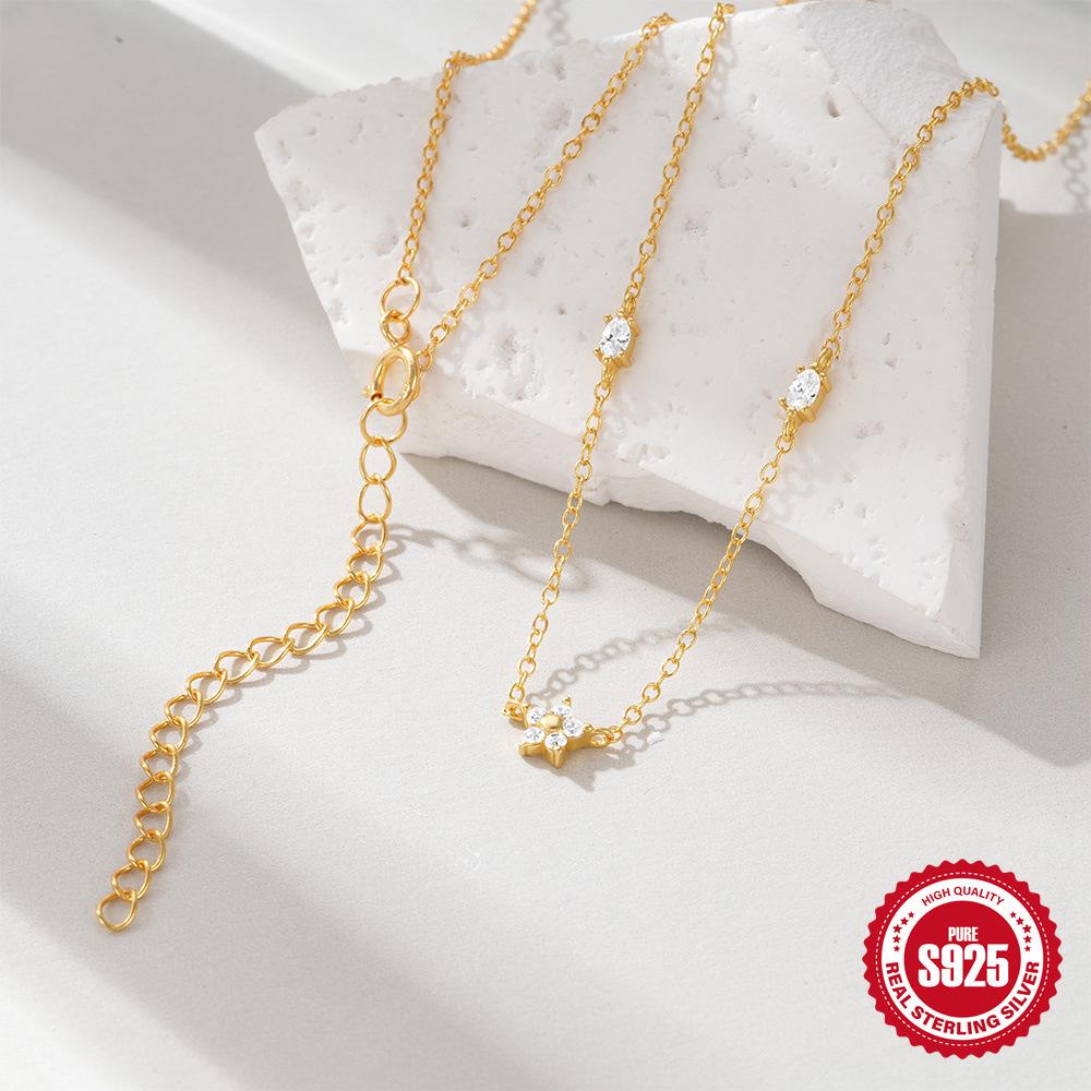 Light Luxury S925 Sterling Silver Simple Wind Exquisite Dazzling Five-Petaled Flower Star Elements Stacked Collarbone Chain Woman