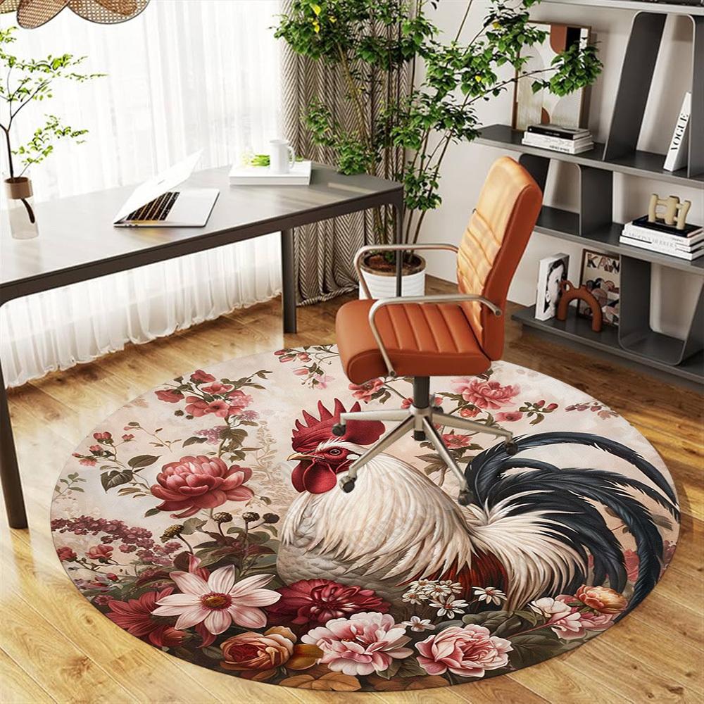 1PC rooster flowers Office Round Area Rug, Under Office Chairs Bedroom Living Room Home Decor, Carpet for Office -1110030
