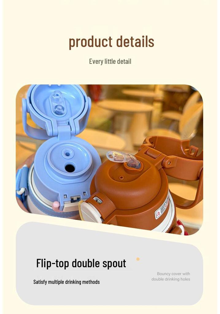 Cartoon Kids Thermos Cup: 316 Stainless Steel, Drop-proof, Portable, Double Straw, High Appearance Water Bottle for Students.