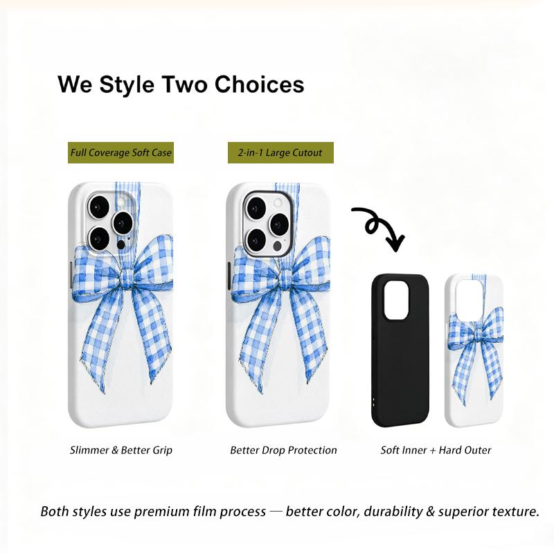 Painted Gingham Bow Blue Watercolor Graphic Art Design Film Aesthetic Protective Shockproof Bumper Phone Case Cover For iPhone 13 15 16 17 ProMax Plus