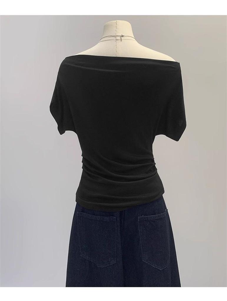 Sommer Reines Verlangen Ein Schulter Schwarz Kurzarm Damen T-Shirt Koreanischer Stil Schlankmachendes Top Freiliegende Schulter Modisch
