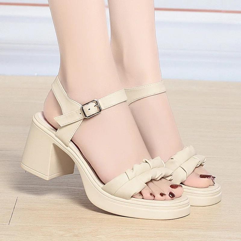 65cm All Match Comfortable Thick Bottom Platform Shoes Soft Leather Sandals 2025 Summer Womens Med Block Heels Sandals Office 35 3924₽