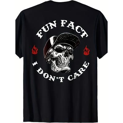 European Sizes Skull Illustration Black Plus Size T-Shirt with White 'FUN FACT' and 'I DON’T CARE' Text