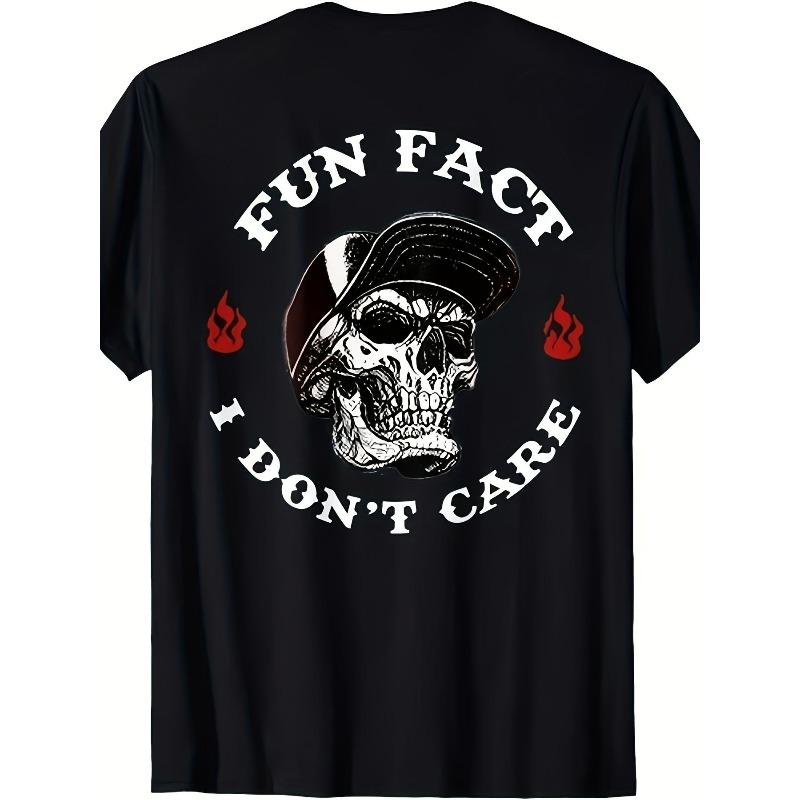 

European sizes Skull Illustration Black Plus Size T-Shirt with White FUN FACT and I DON’T CARE Text 4XL