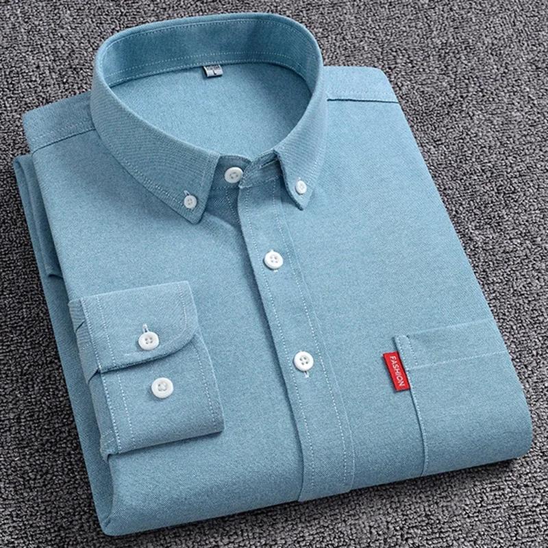 5XL Men s Oxford Long Sleeve Shirts 100% Cotton Solid Color Turn Down Collar Regular Fit Daily Men Clothing Button-down Shirts M