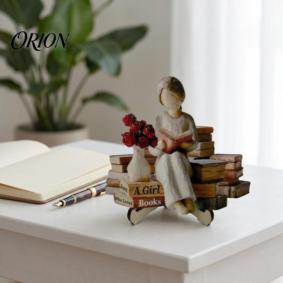 Warm Home Decor Accent Piece Wooden Reading Girl Figurine, Stable Pastoral Style Statue Desktop Artistic Ornament for Shelves Decor, Healing Ornament,
