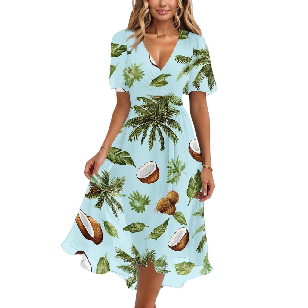 Women V Neck Short Sleeve Casual Dress Summer Hawaiian Print Midi Dress Loose Fit Lightweight Soft Fabric Flowy Skirt Beachwear