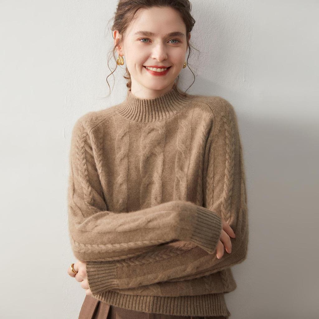 Women's Thick Cable-Knit Cashmere Pullover: Seven-Needle, Double-Strand, Half-High Neck, Raglan Sleeves, Casual Base Layer Top