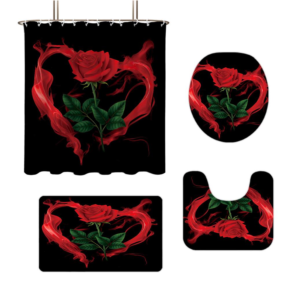 4pcs Valentine's Day Rose Print Bathroom Set 180x180 Waterproof Shower Curtain with 12 Hook, Floor Mat, Toilet Mat, U-shaped Mat