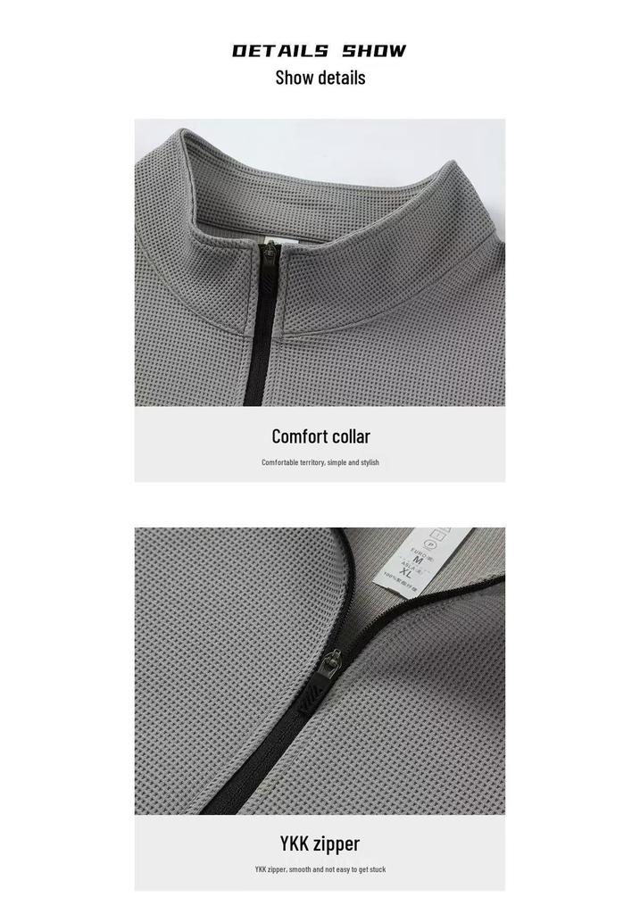 Men's Long Sleeve Half-Zip Sports Tee - Solid Color Stand Collar for Running and Fitness