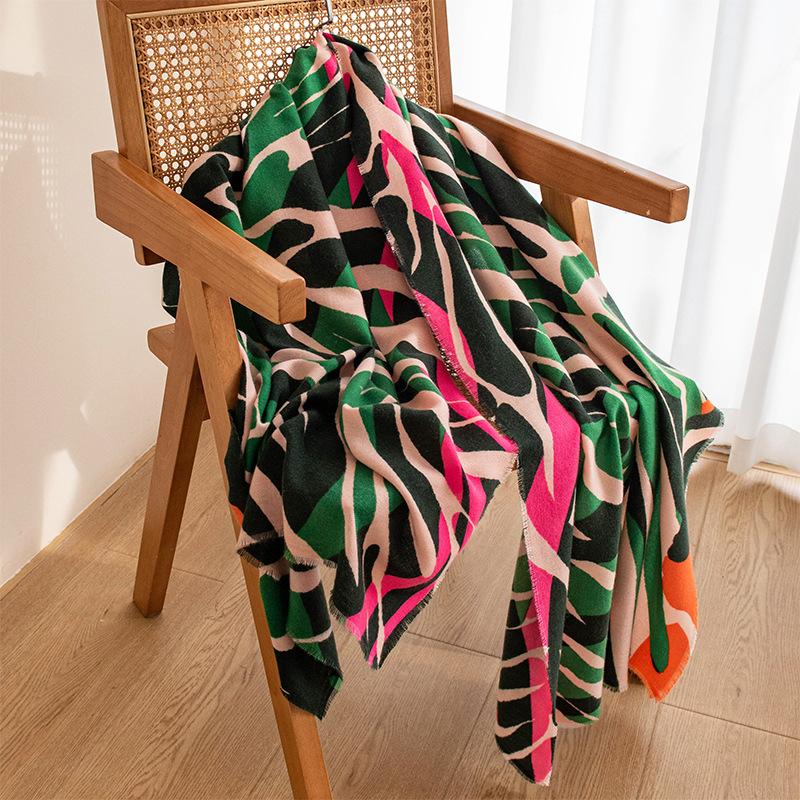 Spring and Autumn New Wave Print Contrast Color Imitation Cashmere Scarf Women's Scarf Shawl High End Mid Length Style