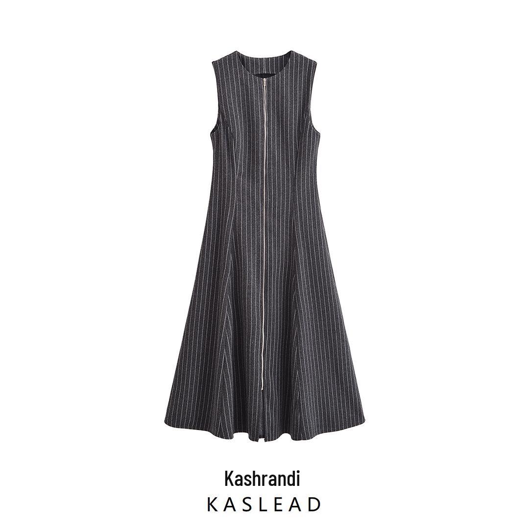 

2025 Spring Women s European & American Style Fashion Midi Dress with Metal Zipper & Round Neck S сірий колір