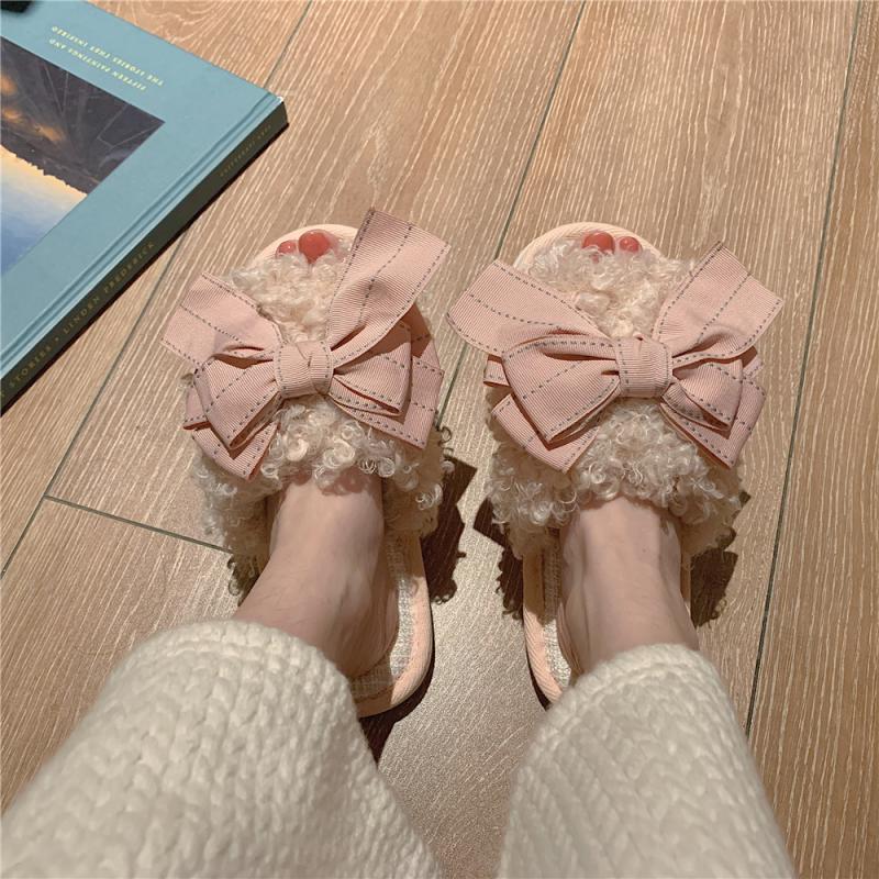 

Autumn and winter cotton slippers trendy fashion indoor home warm sweet bow hairy drag girl 36-37 (suitable for 35-36 feet)