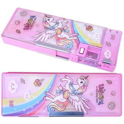 RSINC Doppelfach Glitzerstern Fließende Federtasche, Magnetische Federtasche | Knopfaktivierte Fächer und Spitzer für Kinder Einhorn Kunststoff Rosa | V
