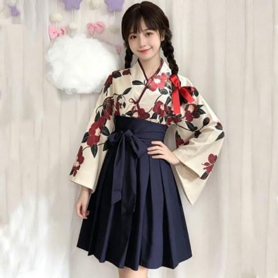 Taisho RomanHakamaWafukuKimonoHanfuWasouCostumeCosplayEth nic ClothingLadiesPlus SizeShortCamellia PatternMikohf0201-D-black-L