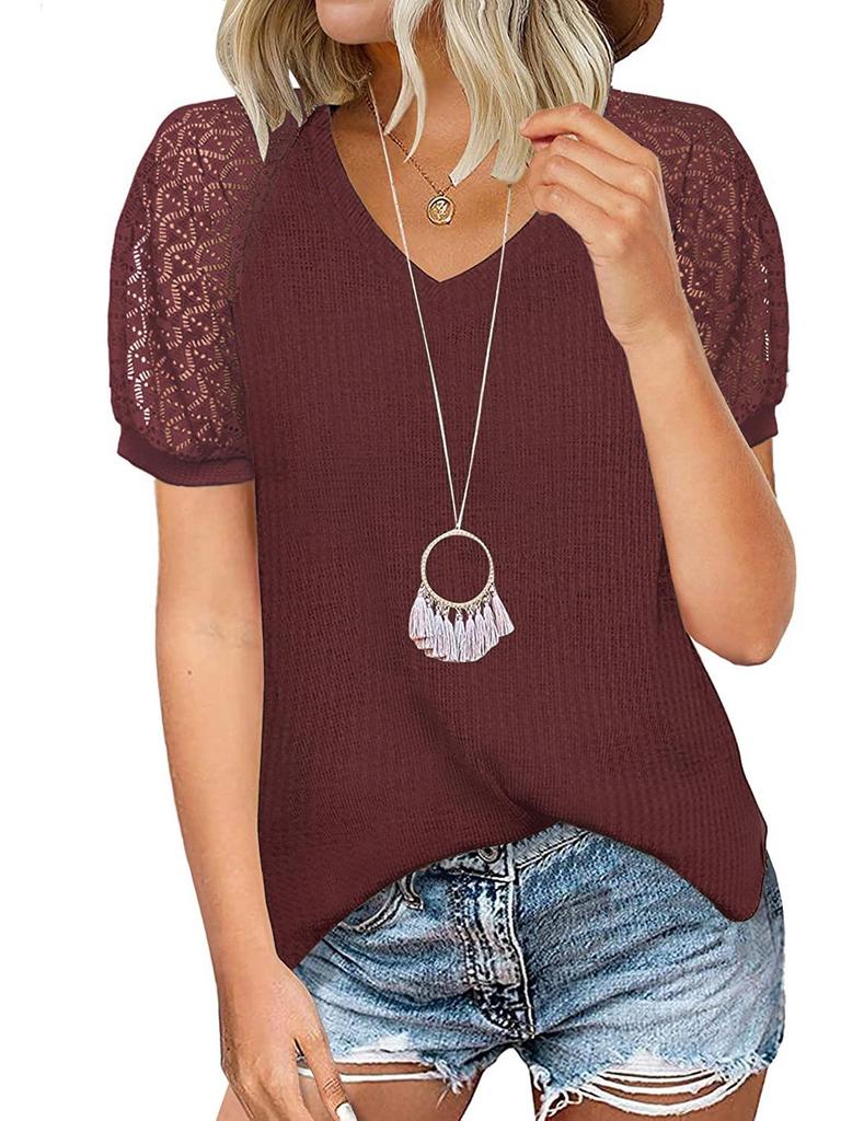 European and American Women's Waffle Lace V-Neck Short-Sleeve T-Shirt - 2022 Spring/Summer Collection