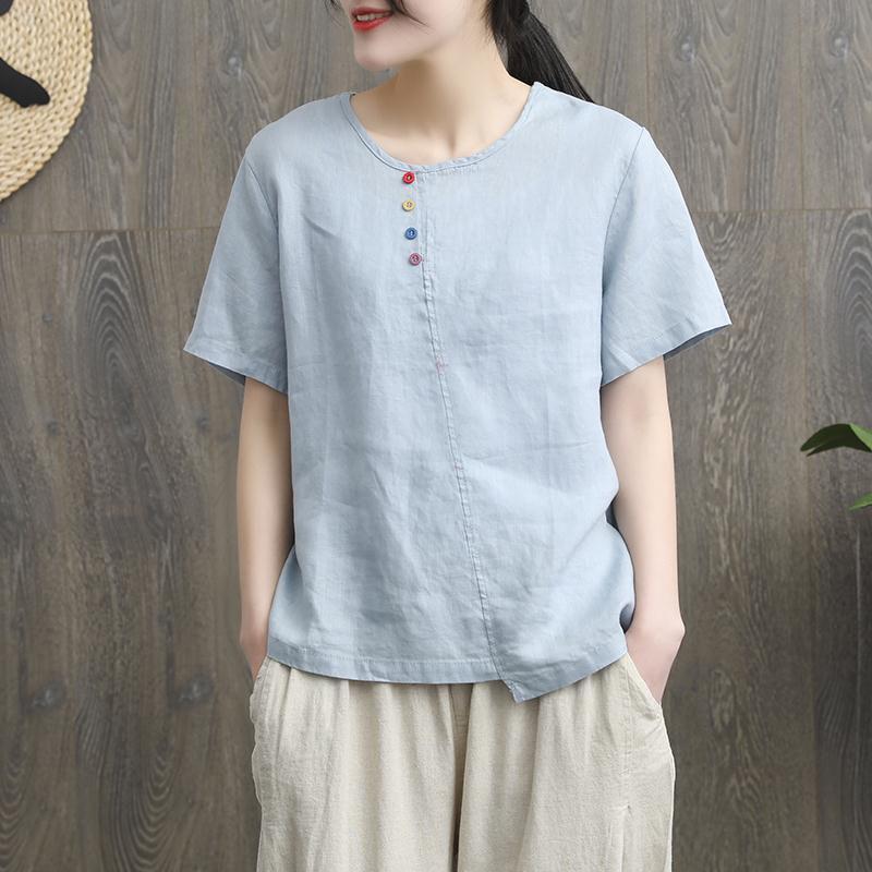 

Spot cotton and linen retro top summer new literary and casual loose large size embroidered short-sleeved T-shirt linen shirt XXXXL світло-синій колір
