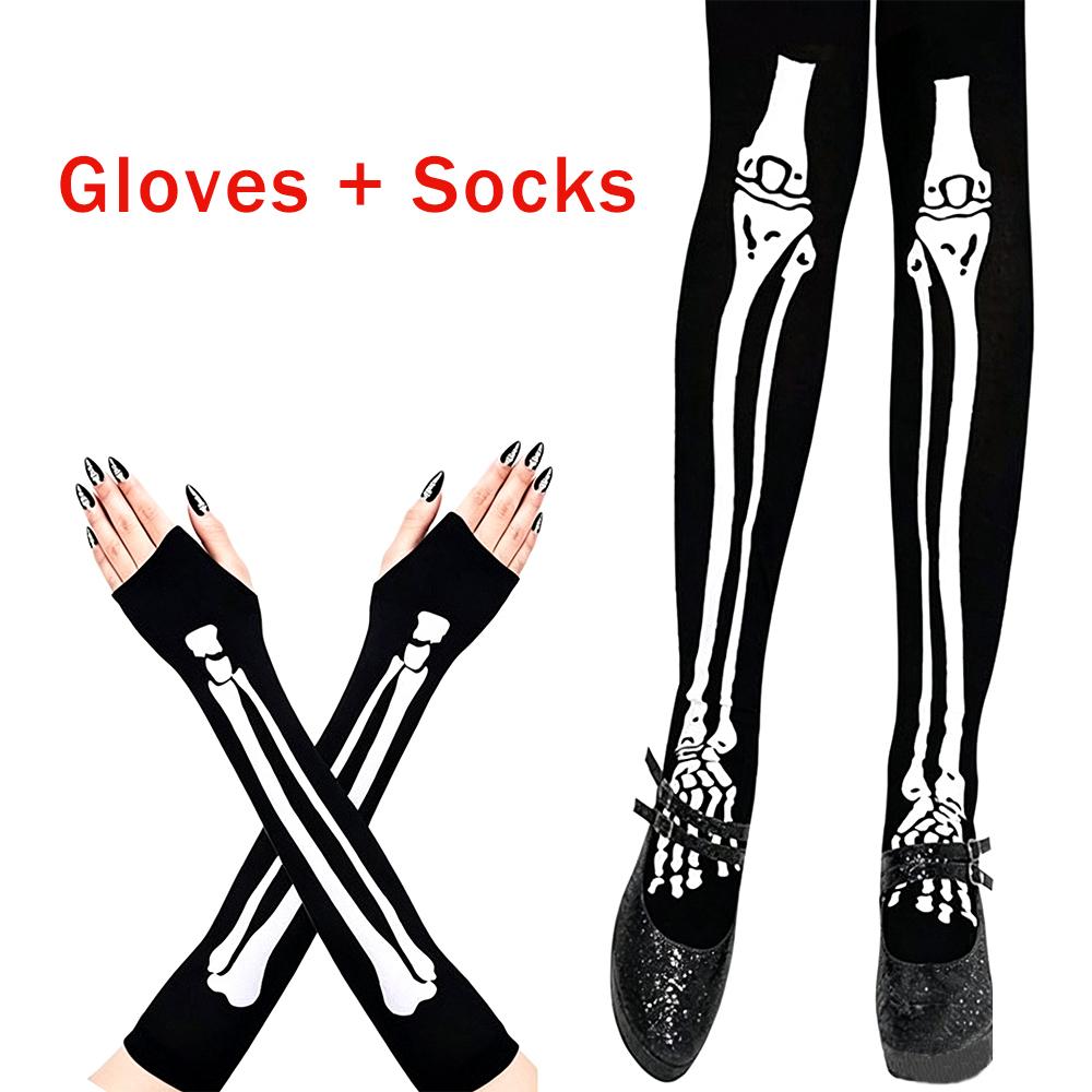 Geisterfest Skelett Kostüm Zubehör Skelett-Print Kniehohe Socken Und Lange Handschuhe Leuchtendes Muster Halloween Set