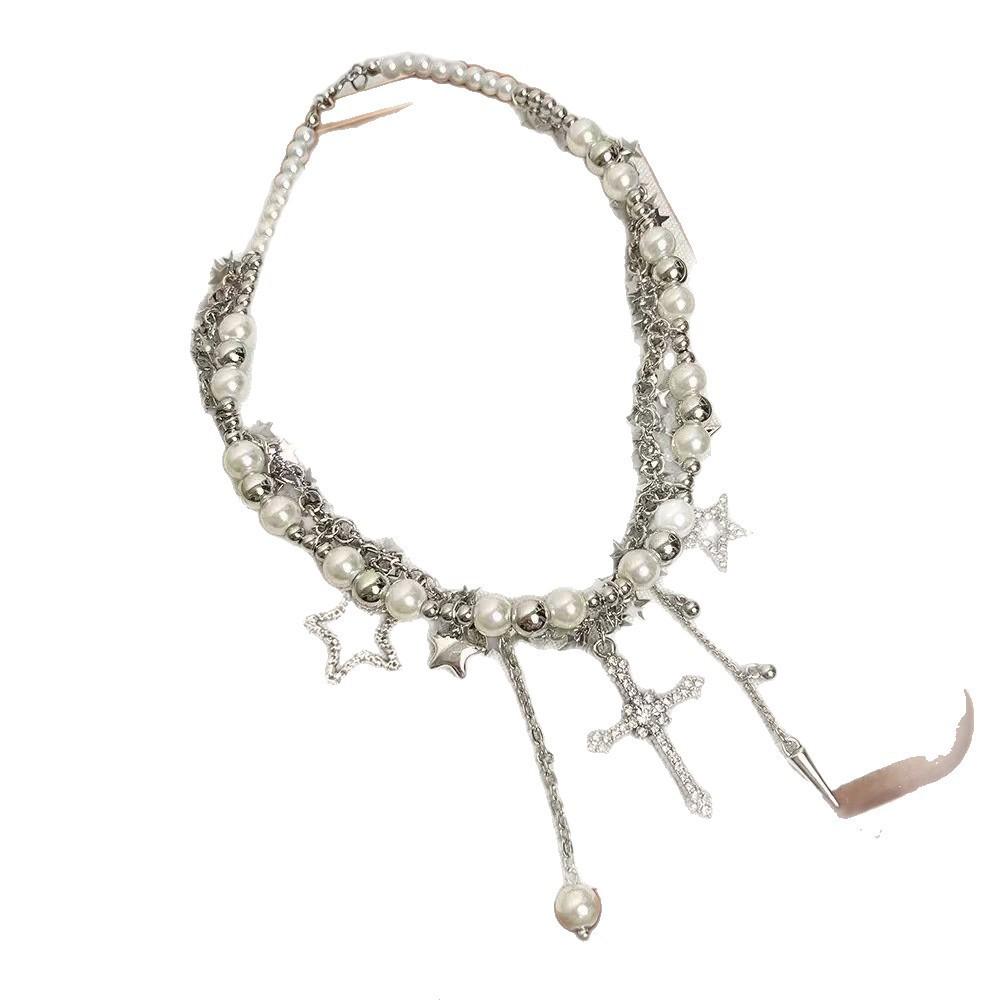 Y2K‑Subculture Winding‑Style Women Necklace, Pentagram‑Cross Fringed Niche‑Designed Choker Collarbone‑Chain Neck Accessories