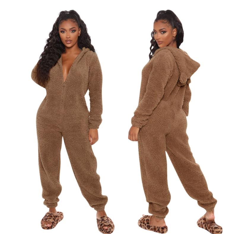 2024 Trendy Europese & Amerikaanse Fleece-Gevoerde Hooded Jumpsuit Pyjama voor Dames