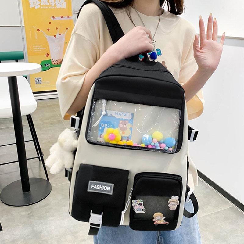 5pcs/set Kawaii School Bags for Teenage Girls Casual Canvas Large Capacity Student Bookbags Women Travel Backpack Shoulder Bags