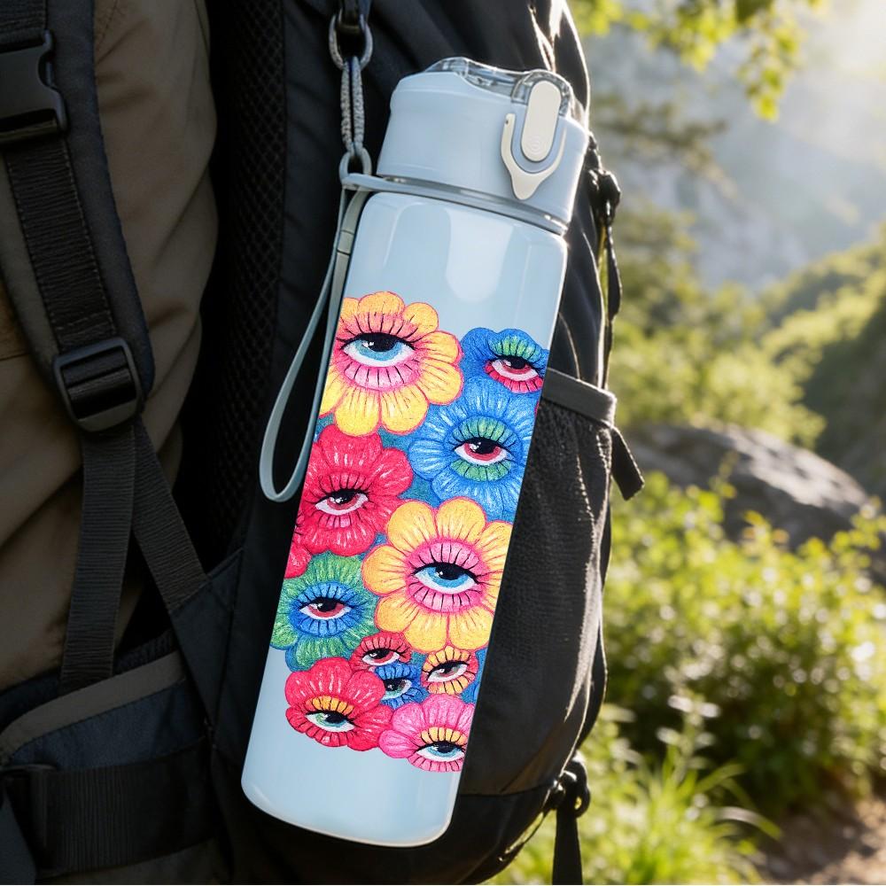1PC Multicolor Round Flower Cluster Print 750ml Color Plastic Sports Water Bottle Leakproof Flip Straw Lid Suitable for Sports Office Home Use