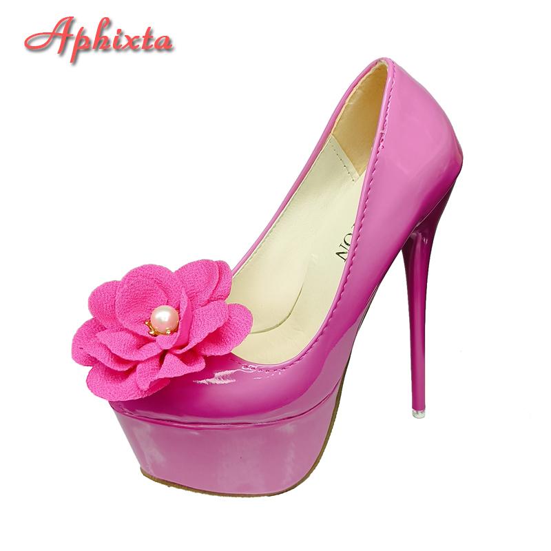 Aphixta Pearl Flowers Hot Sale Party Disco Dance Pumps Women 5.5cm Platform 16cm Super High Thin Heels Pumps