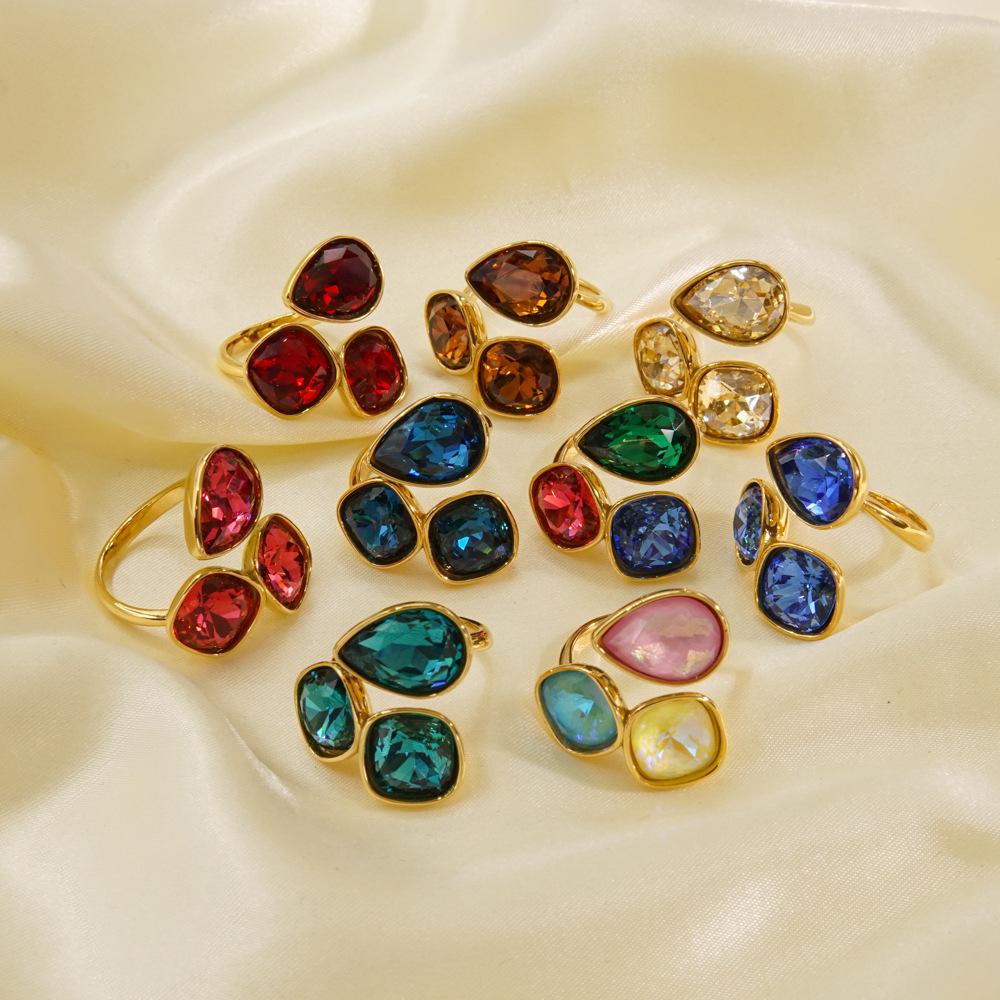 CARLIDANA Fashion Jewelry Open Rings 18K Gold Plated Stainless Steel Simple Multi-Color Crystal Ring For Women Jewelry