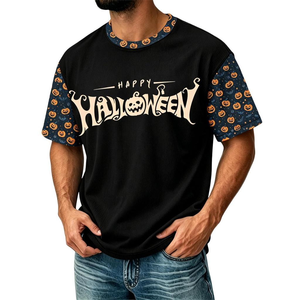 Herren Casual Corduroy Kurzarm Leicht Atmungsaktiv Rundhalsausschnitt Oberteil Halloween-Thema Aufdruck Buchstaben Design Bequeme Passform