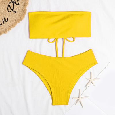 2ks/souprava šněrovacích jednobarevných bikin, dvoudílná bandeau podprsenka vysoká