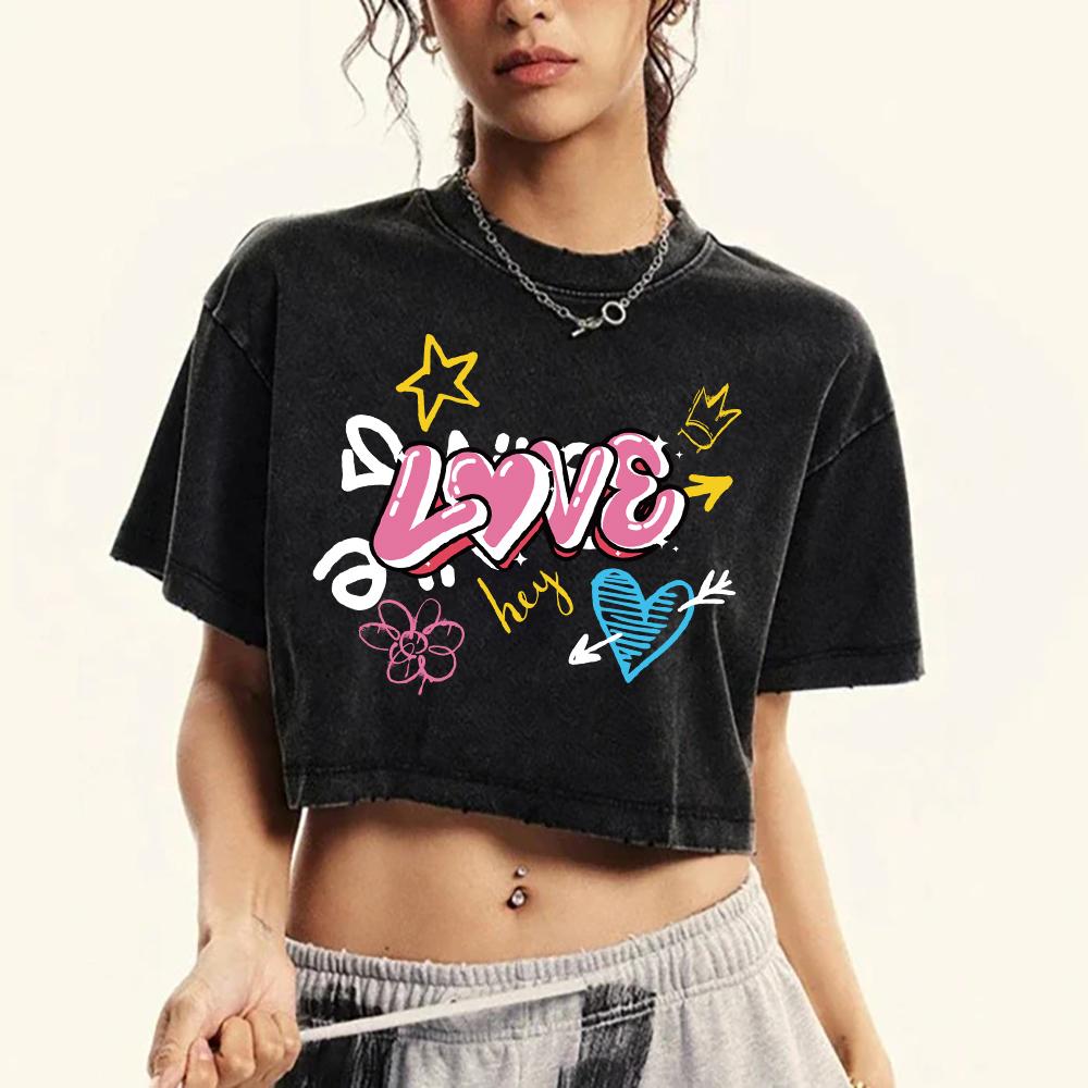 Cartoon Love Art Print Washed T-Shirt Women Fashion Crop Washed Tee Shirts Cotton Summer Tops Short Sleeve Female