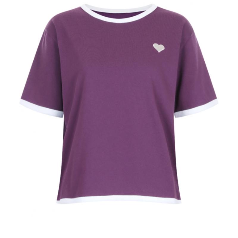 Shop   Women Color Block Round Neck HearT Embroidery Washing ShorT Sleeve T Shir