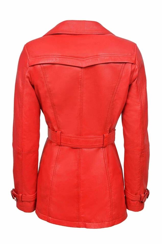 Genuine Stylish Wear Casual Women's Trench Coat Red Leather Handmade Lambskin