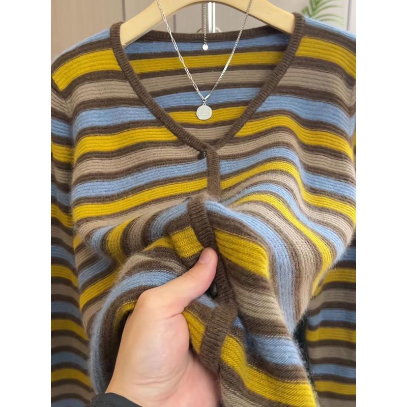 Versatile Chic Color Block Knitwear: Stylish Autumn/Winter Loose-Fit Striped Top 3XL