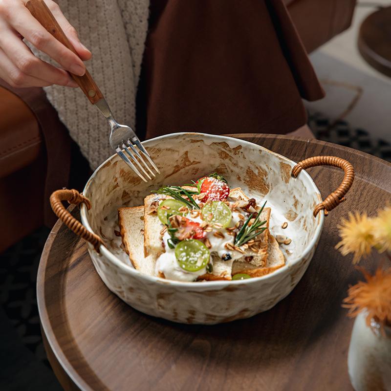 Madge Nostalgic Handmade Coarse Pottery Hemp Rope Binaural Bowl Retro Deep Plate Housewarming New Home Bowl Fruit Bowl Export