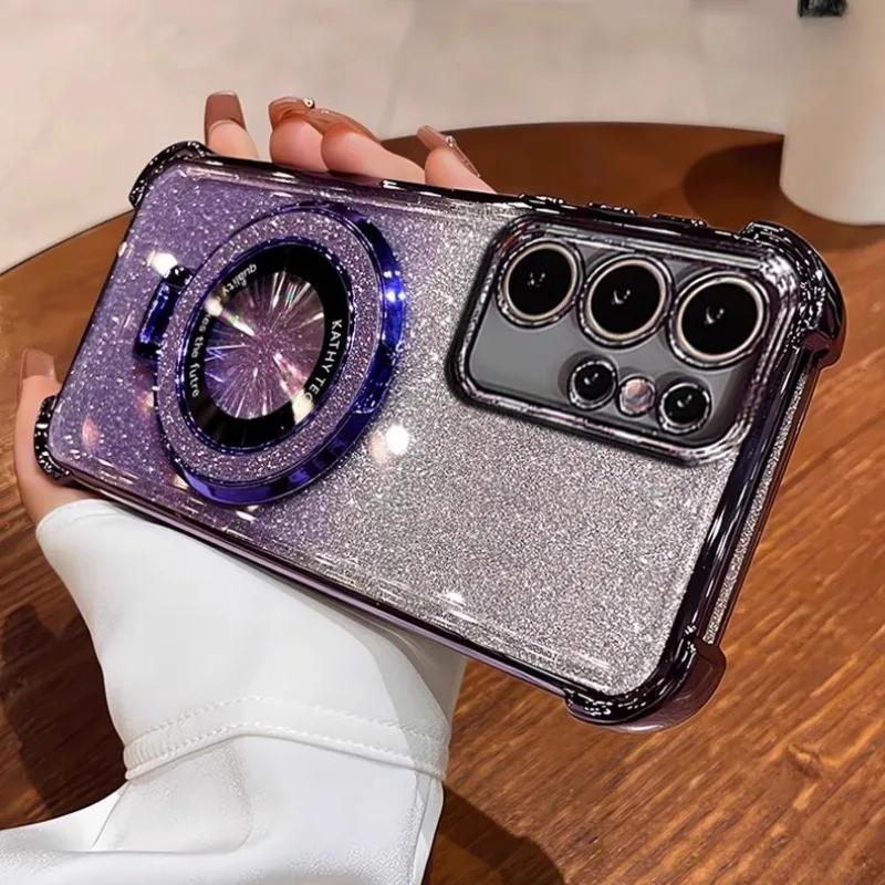 Luxury Glitter Bracket Case For Samsung S25 Ultra S24 FE S23 Plus A56 A06 A16 A36 A05 A15 A25 A35 A55 A14 A24 A34 A54 Cover