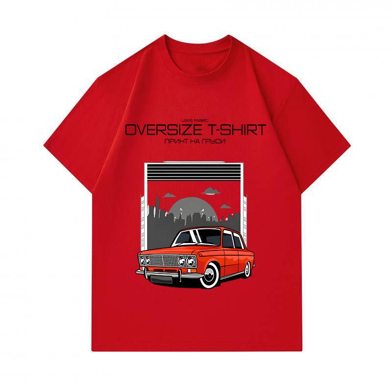 Men's 100% Cotton Crew Neck Short Sleeve T-Shirt, Retro Red Classic Car Urban City Sunset Print Casual Oversized Comfortable Summer Tee For Street Dai