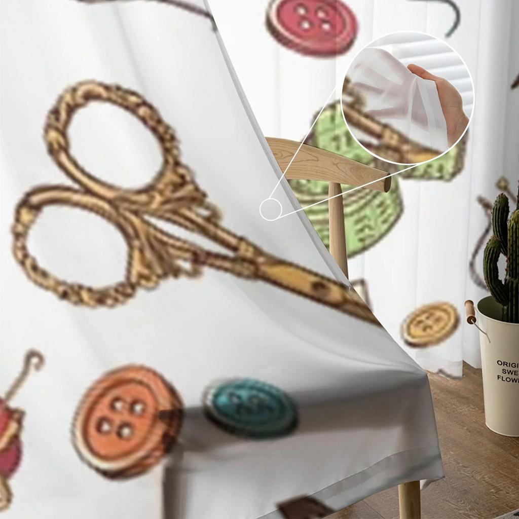 Hand Drawn Of Sewing Tools Sheer Curtains Bedroom Voile Curtain Living Room Window Sheer Curtains Kitchen Tulle Drapes