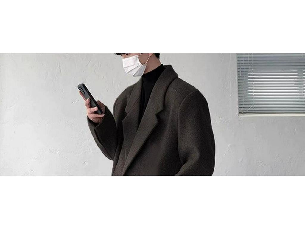 Men's Black Mid-Length Woolen Trench Coat – Autumn/Winter Loose Fit, Thickened Korean Style.