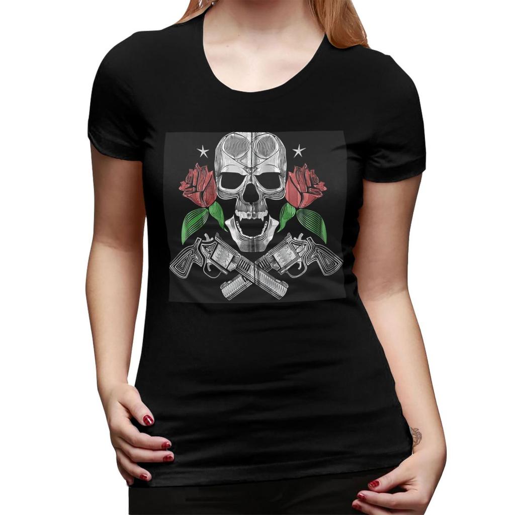 Red Roses With Guns And Skull Design Zip Hoodie TShirt for Women Crew Neck Streetwear T Shirts Womens Tees Short Clothes Tops