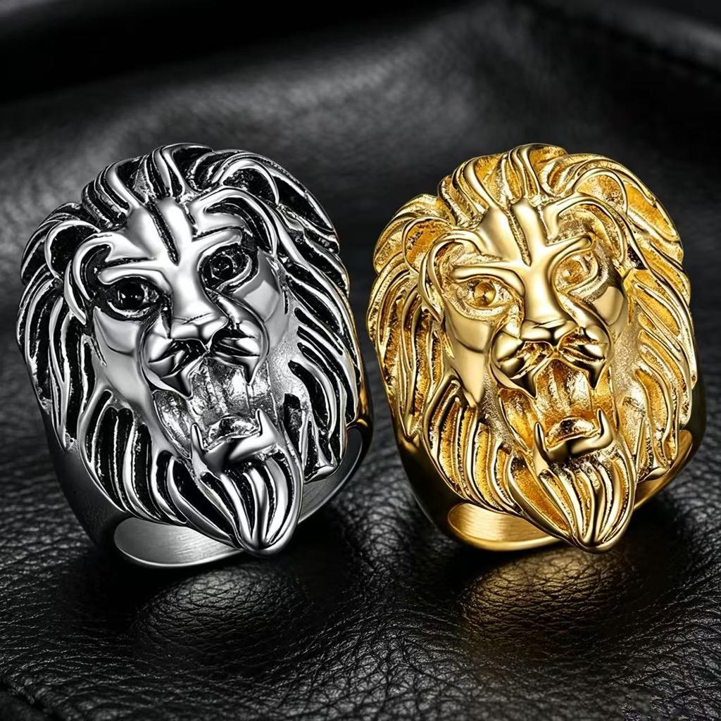 Men's 3D Lion Head Ring 316L Stainless Steel Gothic Punk Biker Statement Ring, Waterproof Animal Totem Jewelry for Men