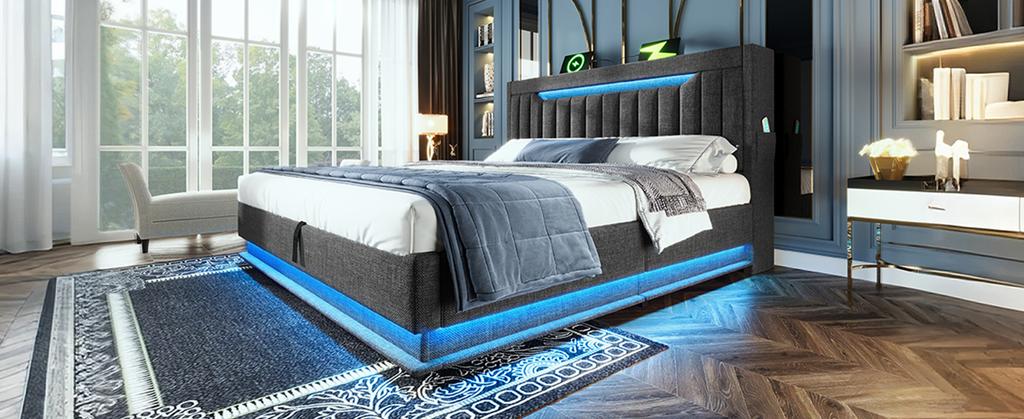 140x190cm Double Bed, Storage Headboard with USB and Type-C Ports, LED Lighting At Head and Foot, Hydraulic Storage, Grey, Linen. (without Mattress)