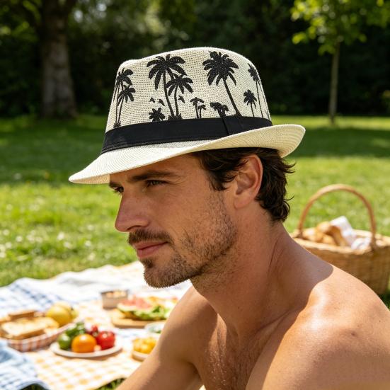 Yousheng Vacation Beach Hat, Straw Woven Sun Protection Hat with Coconut Tree Pattern, Retro Jazz Style Hat for Summer Vacations Pool Parties