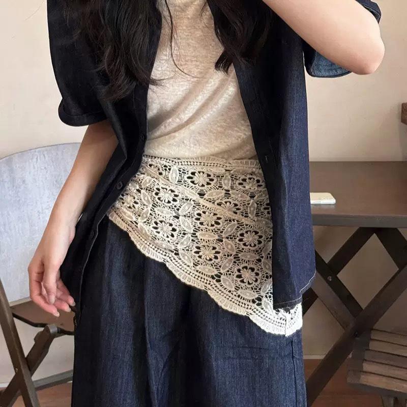 Korean Lace Embroidered Waistband Tulle Skirt with Layered Scarf Accessory