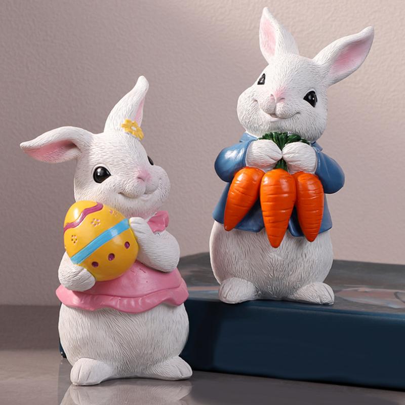 Easter Bunny Ornament Cute Cartoon Resin Figurine Rabbit Holding Egg/carrot Ornament Spring Holiday Home Decor