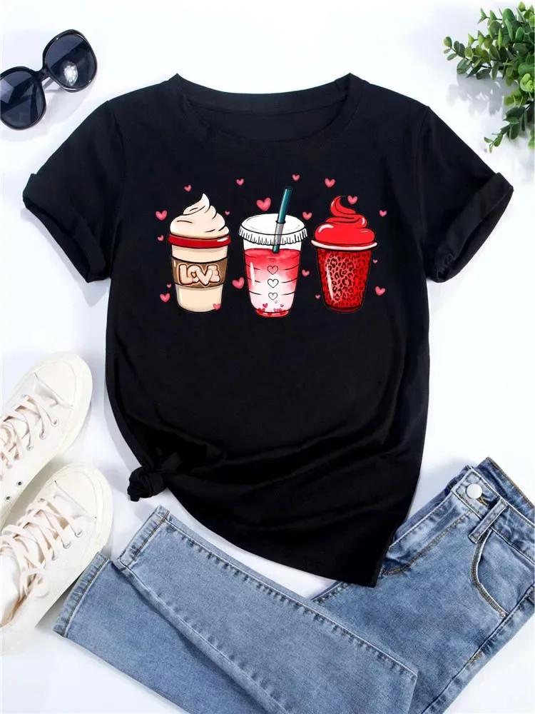 Womens Oversized Tshirt Tee Korean Fashion Coffee Cup Print Graphic FeUnisex Clothes Valentines Day Tops Lover T Shirts