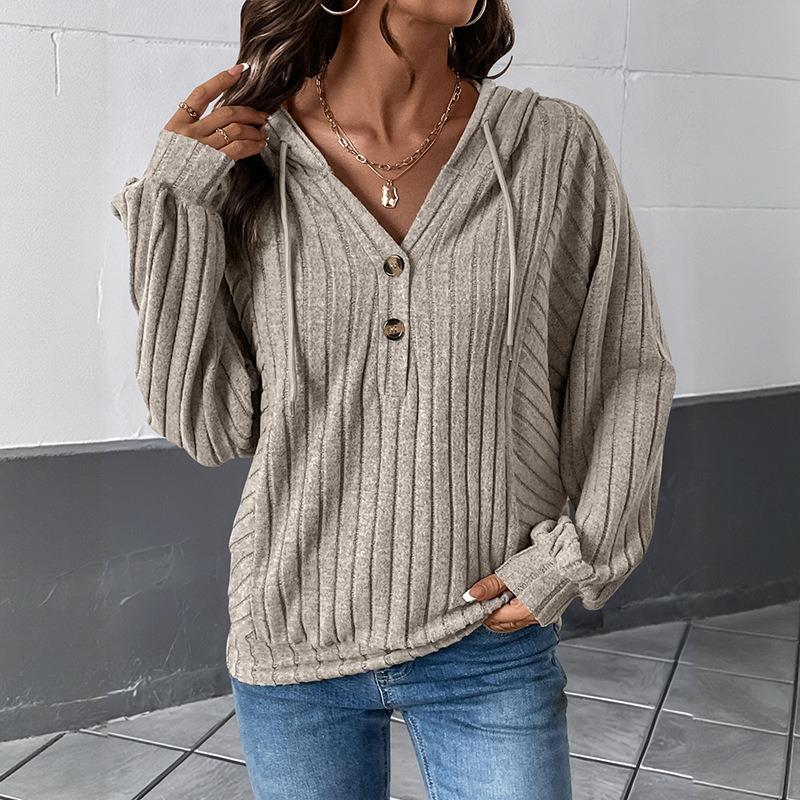 Home-based Casual and Laid-back Style Hooded Plain-color Knitted Pullover Hoodie