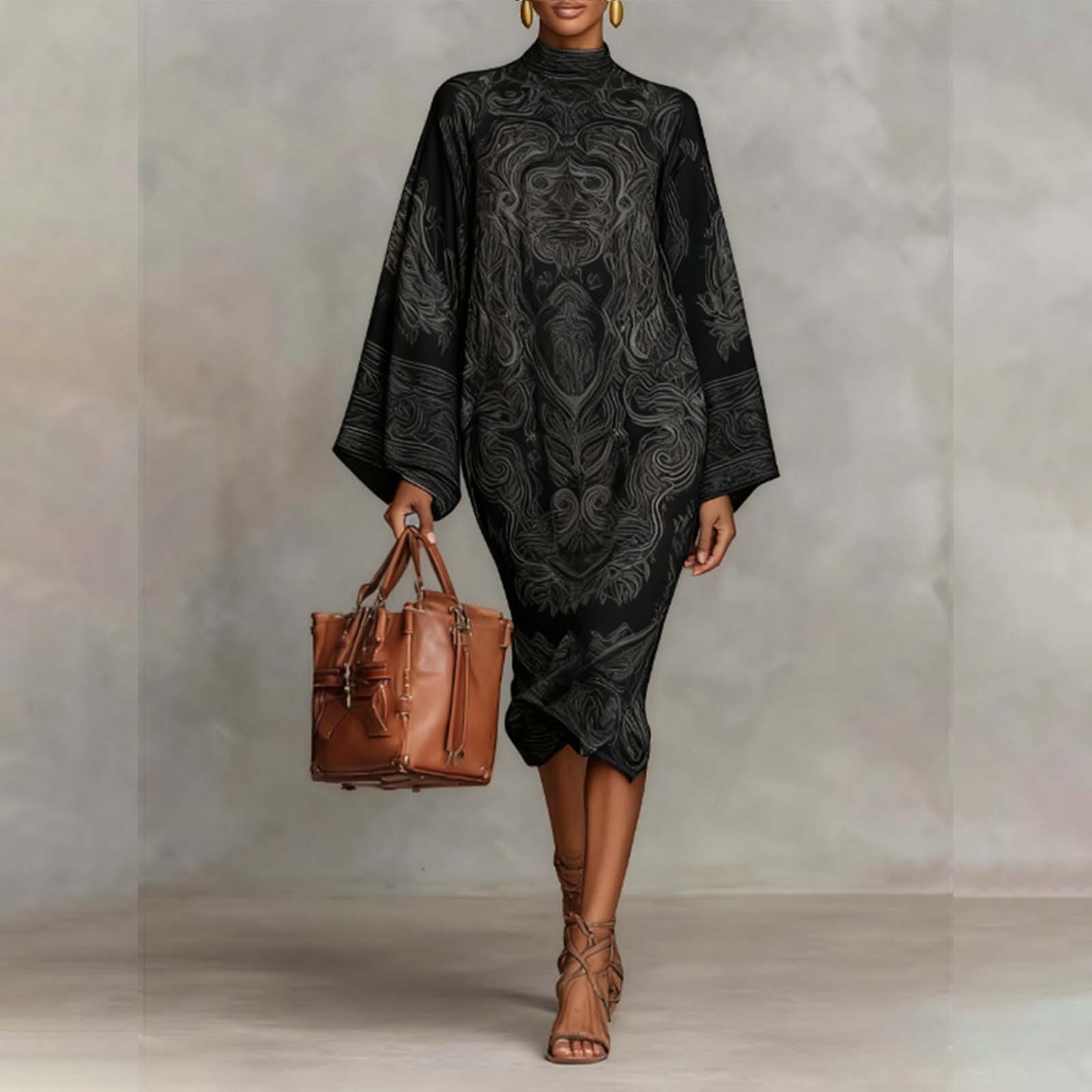 Ladies  Fashionable Casual Printed Long Sleeved Dress, Loose Long Skirt L чёрный